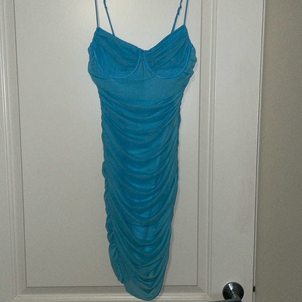 New Light Blue Mini Ruched Dress